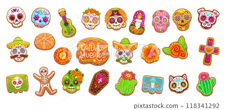 Mexican dead day biscuit cookie and cakes, dia de los muertos holiday pastry featuring colorful sugar skull, marigold, candle, guitar and coffin, cross, papel picado, cat and dog festive confectionery Mexican dead day biscuit cookie and cakes, dia de los muertos holiday pastry featuring colorful sugar skull, marigold, candle, guitar and coffin, cross, papel picado, cat and dog festive confectionery 118341292