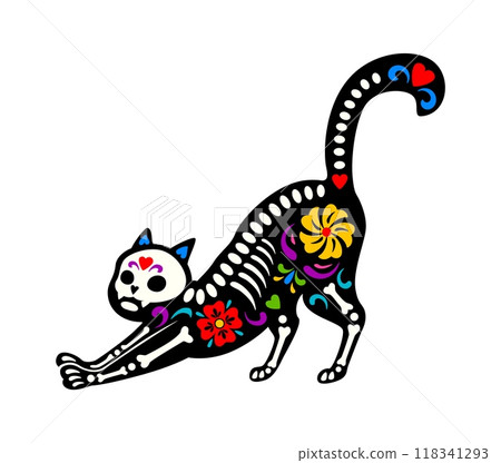 Dead Halloween skeleton, Mexican day of the dead cat animal tattoo. Isolated vector dia de los Muertos kitten sugar skull, feline pets figure stretching it body, filled with bones and floral motifs 118341293
