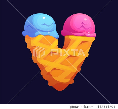 Letter V as two ice cream scoops on a waffle c. Cartoon candy and confectionery alphabet, sweets typeface, font, type. Isolated vector typography symbol as bright and fun ice cream summer food Letter V as two ice cream scoops on a waffle c. Cartoon candy and confectionery alphabet, sweets typeface, font, type. Isolated vector typography symbol as bright and fun ice cream summer food 118341294