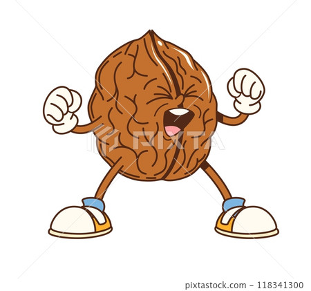 Cartoon groovy walnut nut character is smiling and flexing its muscles, showcasing strong, healthy and energetic vibes. Isolated vector lively walnut kernel personage posing with gloves and sneakers Cartoon groovy walnut nut character is smiling and flexing its muscles, showcasing strong, healthy and energetic vibes. Isolated vector lively walnut kernel personage posing with gloves and sneakers 118341300