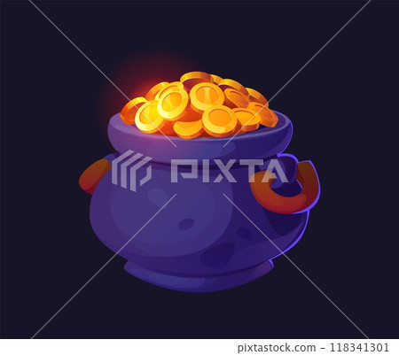 Cartoon pot with golden coins. Isolated vector cauldron, adorned with two handles brimming with golden coins, emit a radiant glow. Magic game asset, leprechaun treasure, symbol of luck and prosperity 118341301