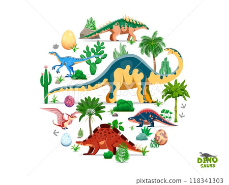 Cartoon prehistoric dinosaur characters, ancient landscape plants and dino eggs in circular shape. Vector dinosaur species in their natural habitat, flora and rocks, palm trees, ferns and cactiV 118341303