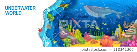 Paper cut underwater landscape with cartoon whale and seaweeds on ocean bottom. Vector horizontal banner with marine animals like squid, crab, turtle, tropical seaweeds and coral reefs within 3d frame 118341305