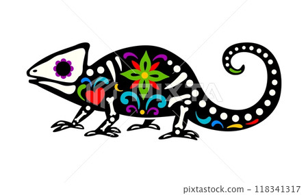 Dead Halloween skeleton, Mexican day of the dead chameleon animal tattoo tattoo. Isolated vector sugar skull reptilian. Dia de los Muertos tropical lizard figure with skeleton bones and floral pattern 118341317