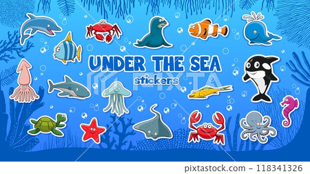 Cartoon underwater animal stickers and undersea fishes, vector icons. Underwater characters stickers of funny seal, ocean dolphin and sea turtle with octopus and seahorse or starfish and whale Cartoon underwater animal stickers and undersea fishes, vector icons. Underwater characters stickers of funny seal, ocean dolphin and sea turtle with octopus and seahorse or starfish and whale 118341326
