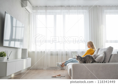 Blonde woman in sweater types on laptop in welllit living room, creating productive workspace 118341449