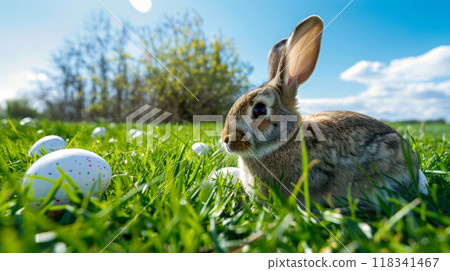 Easter Bunny and Eggs in a Green Field 118341467