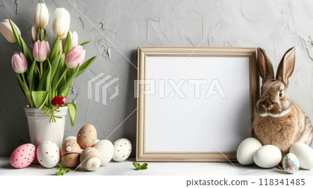 Easter Bunny and Decor with Blank Frame 118341485