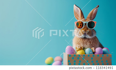 Easter Bunny with Sunglasses and Colorful Eggs 118341491