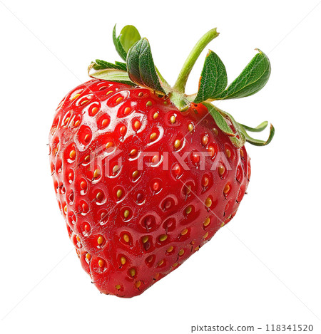 Ripe Strawberry with Textured Red Exterior and Vibrant Green Leafy Crown 118341520