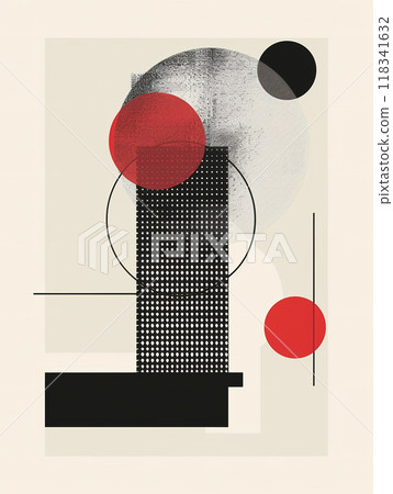 Bold Red Circles and Dots Stand Out on Black Grid and White Canvas 118341632
