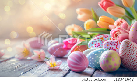 Easter Celebration with Colorful Eggs and Tulips 118341648