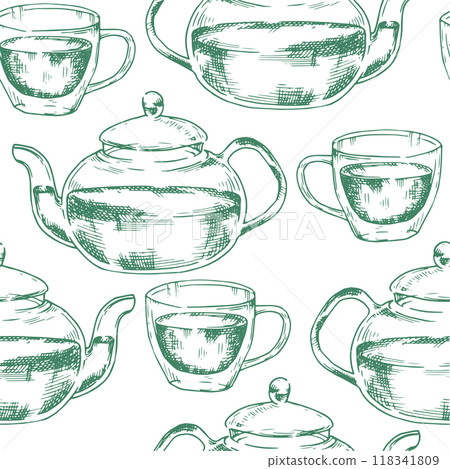 seamless pattern of a teapot with a cup of tea. illustration in sketch style seamless pattern of a teapot with a cup of tea. illustration in sketch style 118341809