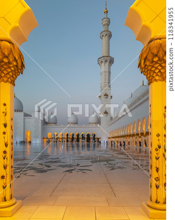 Night vertical view of the Sheikh Zayed Grand Mosque. Night vertical view of the Sheikh Zayed Grand Mosque. 118341955