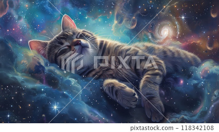 A Tabby Cat Napping Amidst a Cosmic Nebula 118342108