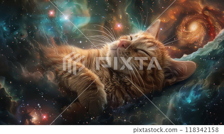 A ginger cat naps amidst a swirling cosmic nebula 118342158