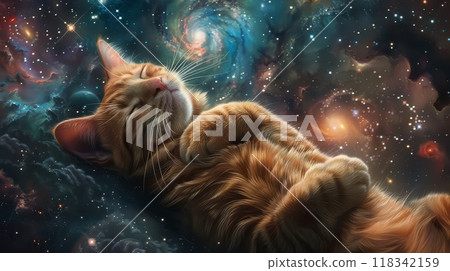 A ginger cat naps amongst stars and galaxies in space 118342159