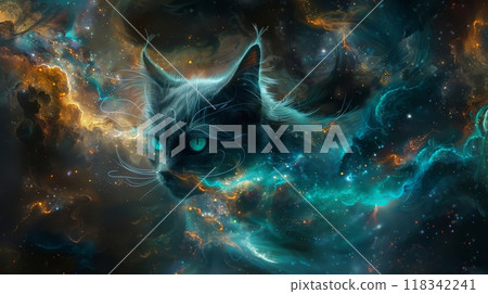 Black Cat Emerging From A Nebula With Green Eyes 118342241