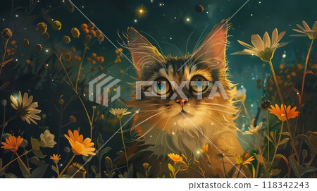 A Curious Cat Gazing Up at the Night Sky Among Flowers A Curious Cat Gazing Up at the Night Sky Among Flowers 118342243