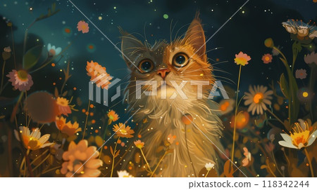 A Ginger Cat Gazing Upwards Amongst Flowers and Glowing Dust A Ginger Cat Gazing Upwards Amongst Flowers and Glowing Dust 118342244