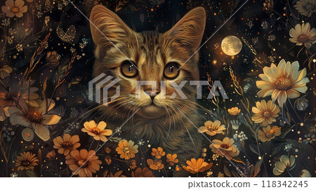 A Feline Gazing at the Moon Amidst a Field of Golden Flowers 118342245