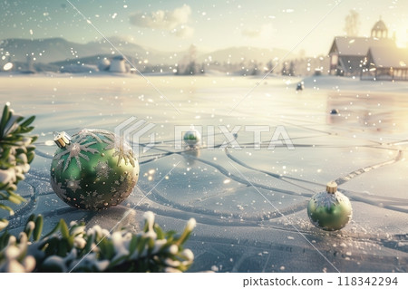 Snow-Covered Frozen Lake at Sunset with Christmas Decorations and a Distant Church in a Misty Mountain Valley Snow-Covered Frozen Lake at Sunset with Christmas Decorations and a Distant Church in a Misty Mountain Valley 118342294