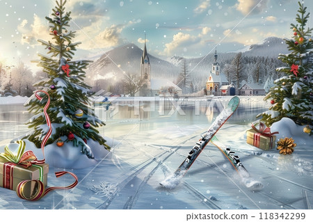 Snowy Morning in a Mountain Village with Christmas Decor, Gift Boxes, Ski Tracks, and a Reflective Lake at Dawn 118342299