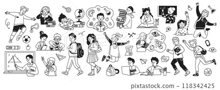 Happy students and teachers doodle line illustration set 118342425