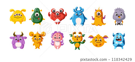 Adorable monsters characters flat color vector icon set 118342429