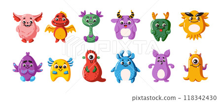 Funny alien monsters characters flat color vector icon set 118342430