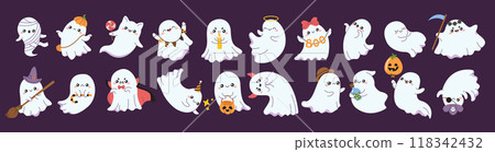 Cute ghosts Halloween characters flat color vector icon set Cute ghosts Halloween characters flat color vector icon set 118342432
