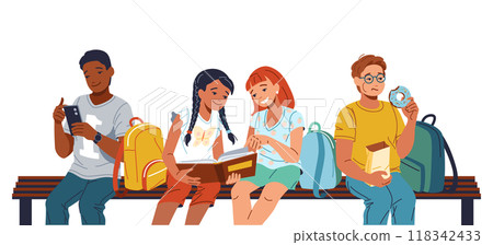 Diverse schoolchildren resting on bench flat illustration Diverse schoolchildren resting on bench flat illustration 118342433