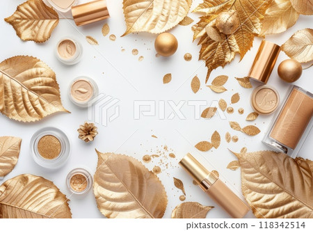 Golden cosmetic. Glamour luxury makeup powder and lipstick product, top view. Professional woman accessory collection. Gold yellow stylish cosmetology perfume. Beauty fashion set 118342514