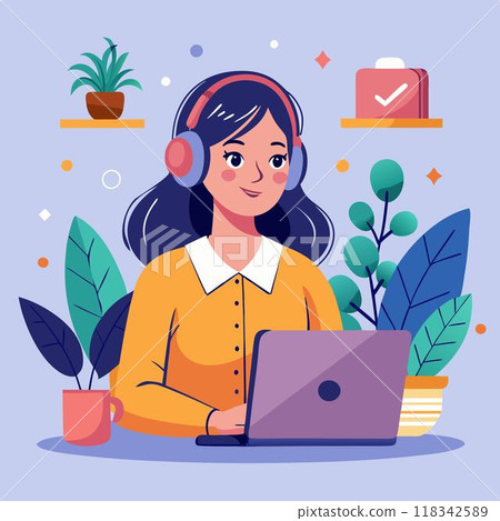Woman freelancer character with laptop. Online freelancer job. Modern business management. Cartoon marketing idea. Digital web profession 118342589