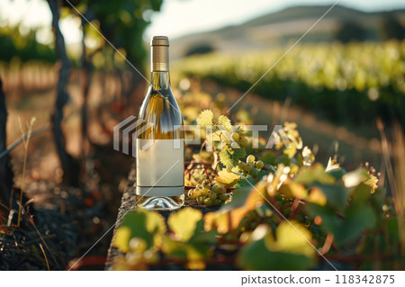 A bottle of white wine is sitting on a vineyard with grapes 118342875