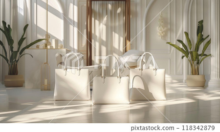 A white purse with a gold strap sits on a table in front of a plant 118342879