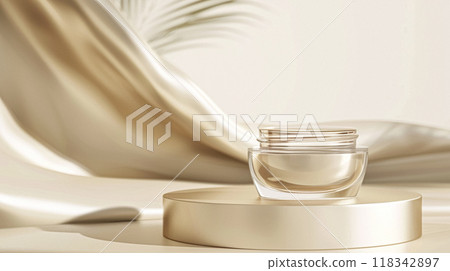 Face cream in a glass jar on a white and gold background. Skin care concept. Backdrop for beauty cosmetic products 118342897