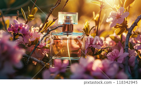 Perfume bottle with beautiful flowers. Floral background. Beauty concept. Flat lay, top view. 118342945