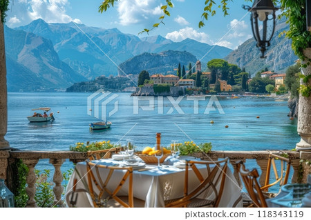 A beautiful view of a lake with a small town in the background 118343119