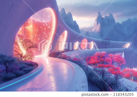 Surreal Pink and Blue Mountainous Landscape. Wallpaper Background Generative AI 118343205