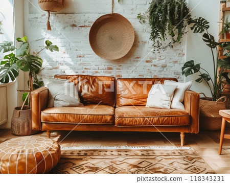 Interior living room decor earth tone. Generative AI 118343231