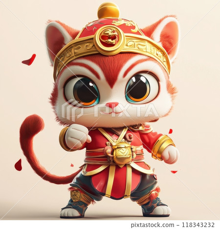 A cartoon cat wearing a red and gold costume is standing A cartoon cat wearing a red and gold costume is standing 118343232