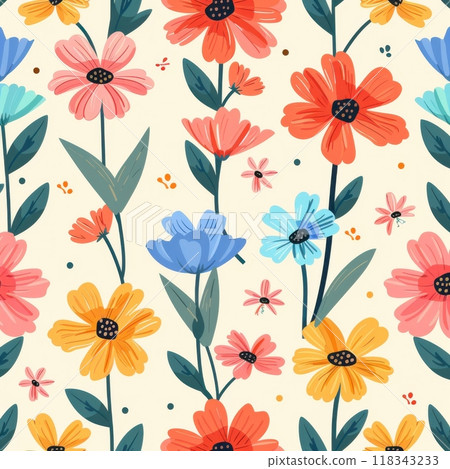 A colorful flower pattern with a variety of flowers including daisies A colorful flower pattern with a variety of flowers including daisies 118343233