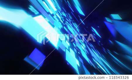 A dynamic abstract glowing blue squares moving through a dark space for conveying technology speed or digital concepts, technology and energy 118343326