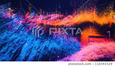 Abstract moving futuristic landscape of particles and dots of energy magic with glow and blur effect, abstract background Abstract moving futuristic landscape of particles and dots of energy magic with glow and blur effect, abstract background 118343329
