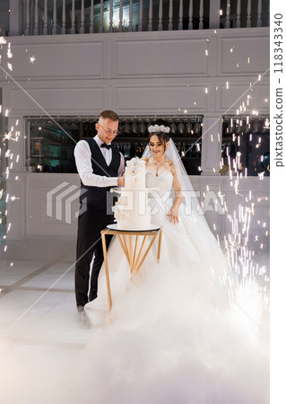 Enchanting Wedding Celebration - Bride and Groom Cutting Elegant Cake Amidst Sparkling Ambiance Enchanting Wedding Celebration - Bride and Groom Cutting Elegant Cake Amidst Sparkling Ambiance 118343340