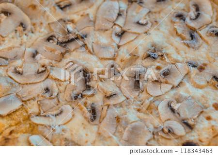 Delicious Close-up of Freshly Baked Cheesy Mushroom Pizza with Crispy Golden Crust and Savory Toppings Delicious Close-up of Freshly Baked Cheesy Mushroom Pizza with Crispy Golden Crust and Savory Toppings 118343463