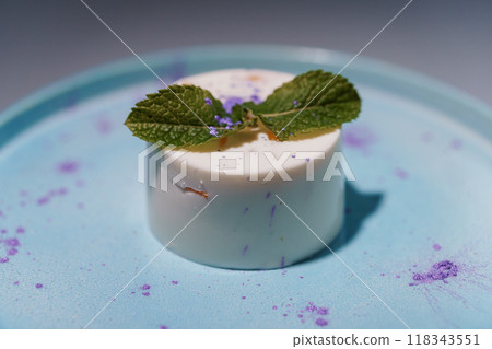 Elegant Gourmet Dessert with Mint Garnish on Pastel Blue Plate with Artistic Lavender Sprinkles Elegant Gourmet Dessert with Mint Garnish on Pastel Blue Plate with Artistic Lavender Sprinkles 118343551