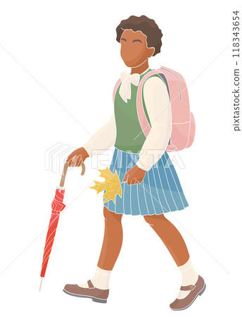 African American schoolgirl in school uniform with backpack and umbrella African American schoolgirl in school uniform with backpack and umbrella 118343654