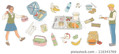 elementary school boy and girl and school nutrition set, food tray, lunchbox, burger, fruits, drinks elementary school boy and girl and school nutrition set, food tray, lunchbox, burger, fruits, drinks 118343769